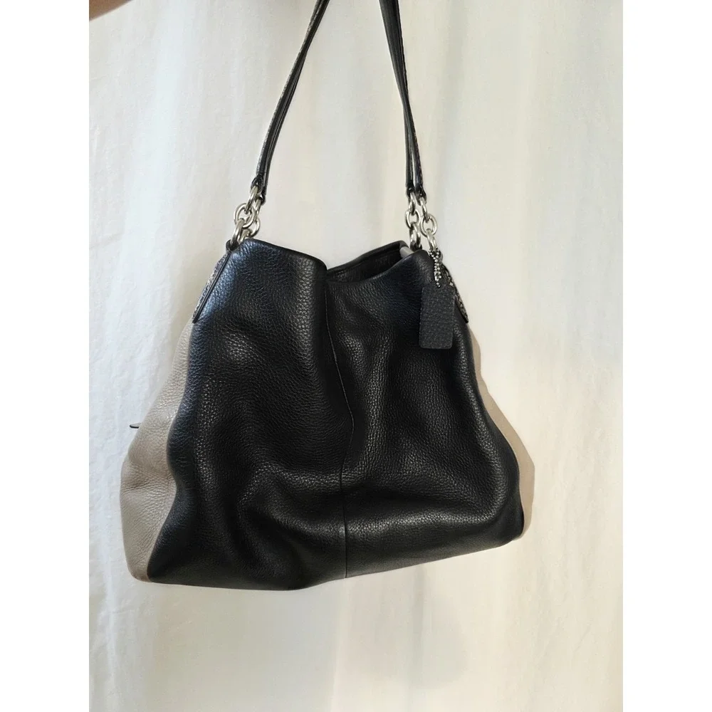 Coach Phoebe Leather Black & Tan Shoulder Bag With Exotic Trim